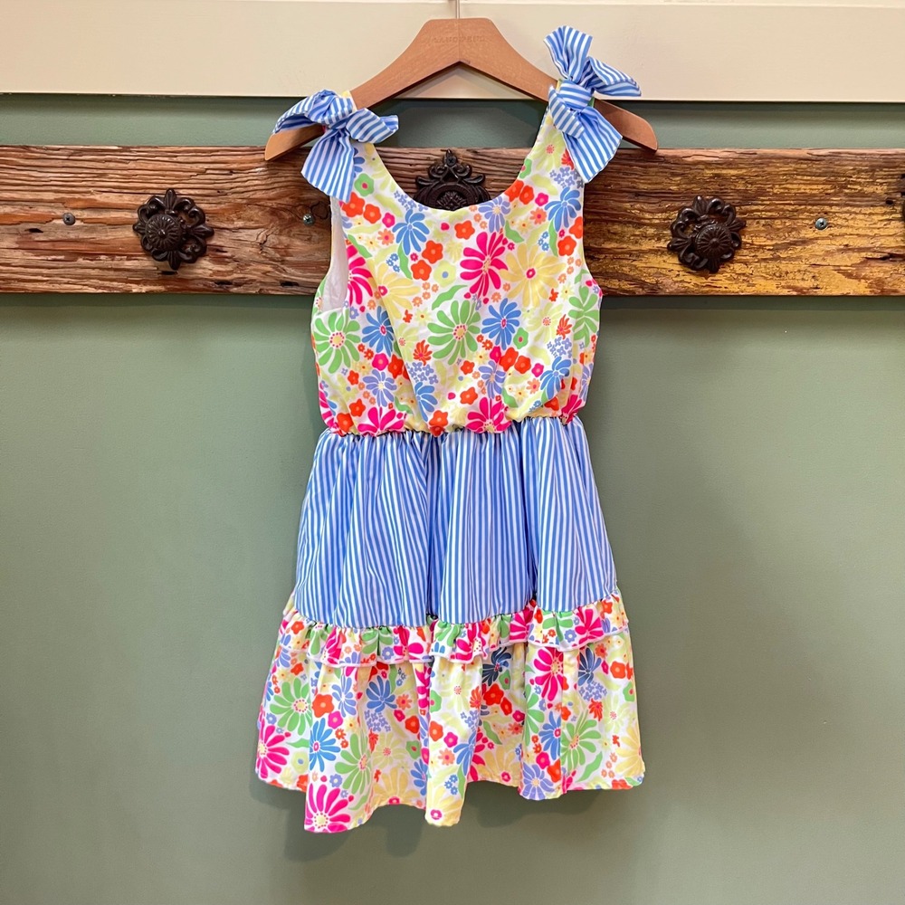 Peek Kids Girls Size 8 Floral Striped Tiered Ruffle Dress Shoulder Tie Dress